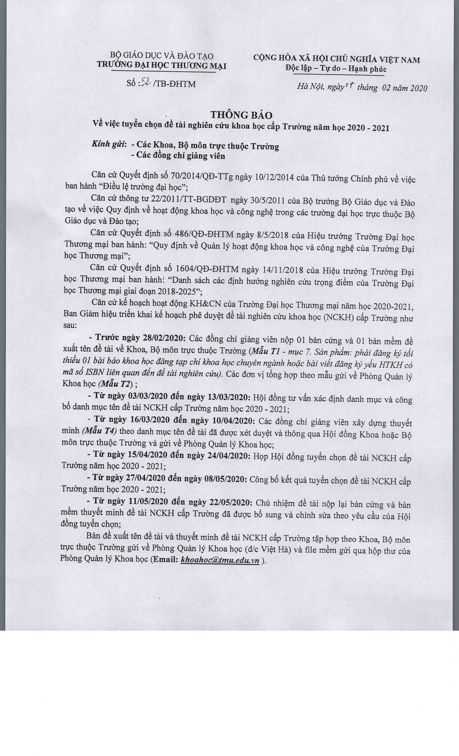 TB Số 52 Tuyển chọn ĐT NCKH