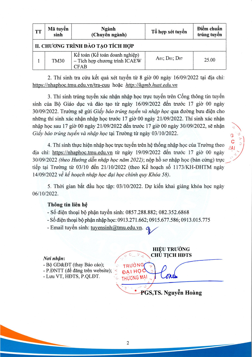 Th&ocirc;ng b&aacute;o điểm chuẩn tr&uacute;ng tuyển ĐHCQ 2022, theo PT x&eacute;t KQT THPT CTĐT CLC v&agrave; CTĐT t&iacute;ch hợp Page 2
