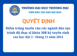 Điểm trúng tuyển vào các ngành đào tạo trình độ thạc sĩ khóa 30B Kỳ tuyển sinh cao học đợt 2 - tháng 11 năm 2024